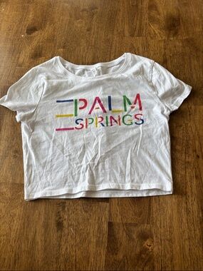 White Crop Top with Multicolor 'Palm Springs' Graphic